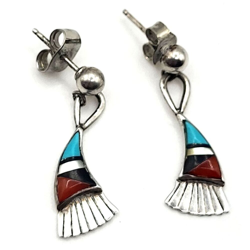 Zuni Native American Sterling Silver Earrings Inlay Turquoise Coral MOP Jet 1in